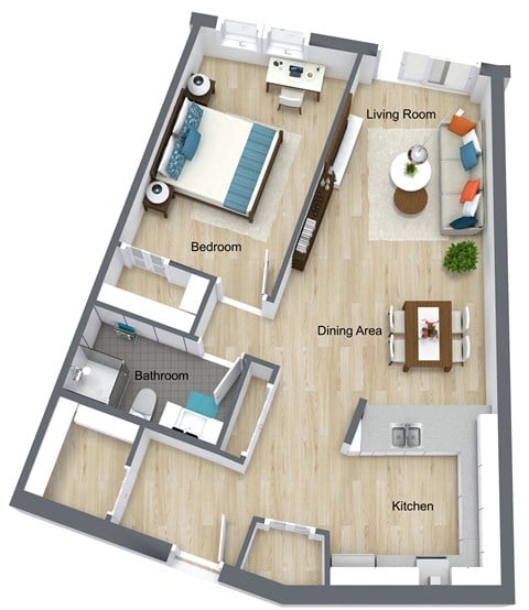 Floor plan for 1 bed, 1 bath, 820 sqft